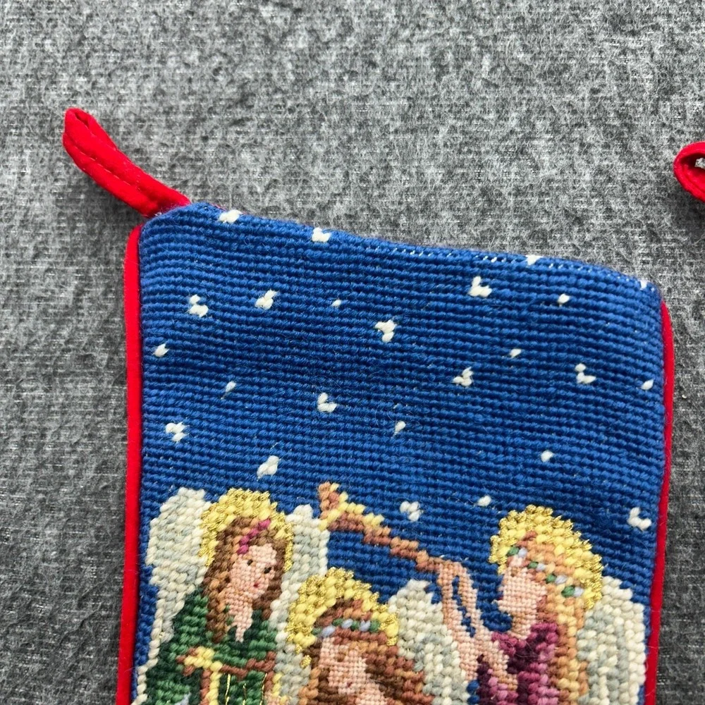 Vintage Christmas Needlepoint Angel Stockings Lined Inside Velvet Backing Set